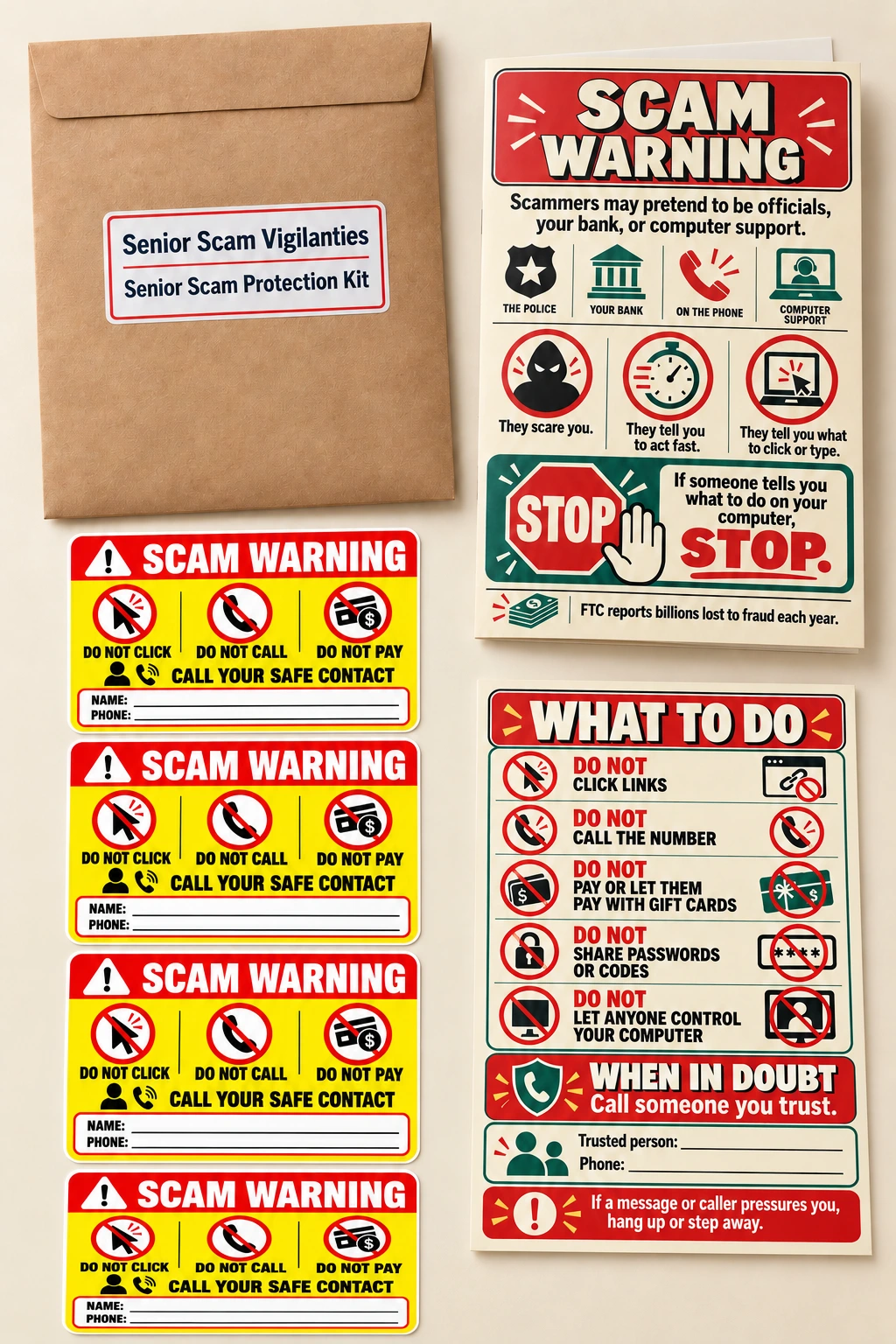 Portrait kit concept with a plain brown envelope, your original red-and-cream safety artwork, and four yellow warning stickers